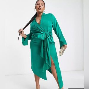 ASOS DESIGN Curve drape shirt midi dress in satin emerald green Size 6